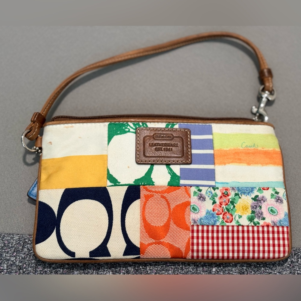 Coach Multicolor Patchwork Wristlet with Tan Leather Strap